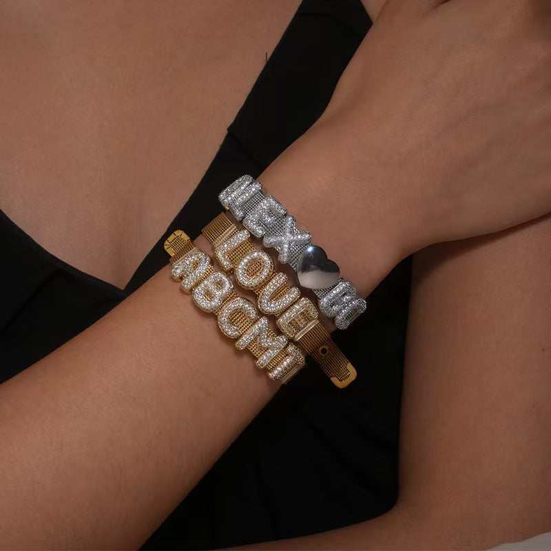 Custom Initial Bracelet with Sparkling Stones – Personalized Letter Bangle | Elegant Gift for Her