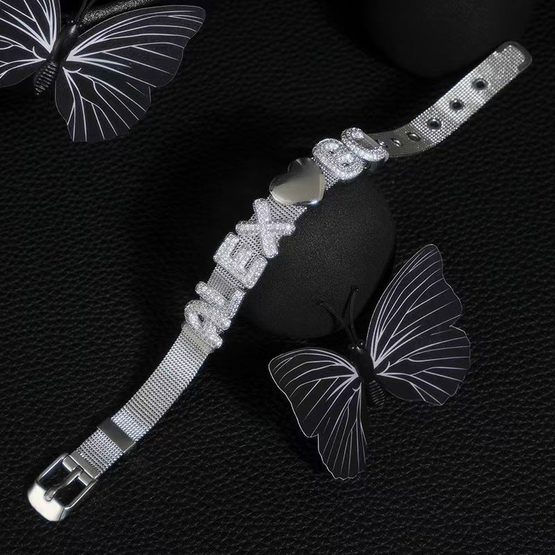 Custom Initial Bracelet with Sparkling Stones – Personalized Letter Bangle | Elegant Gift for Her