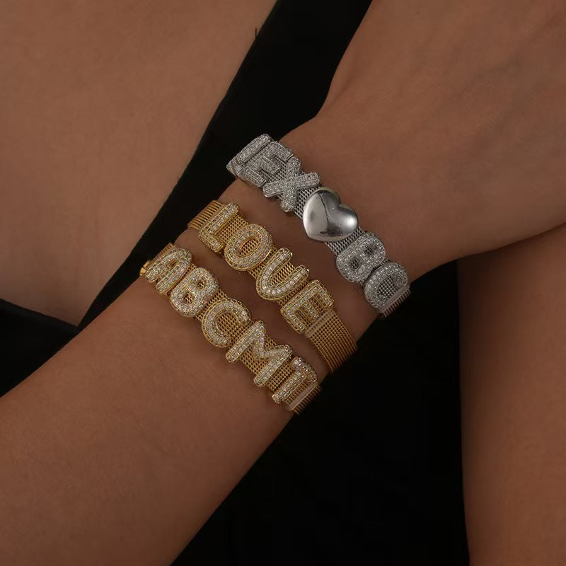 Custom Initial Bracelet with Sparkling Stones – Personalized Letter Bangle | Elegant Gift for Her