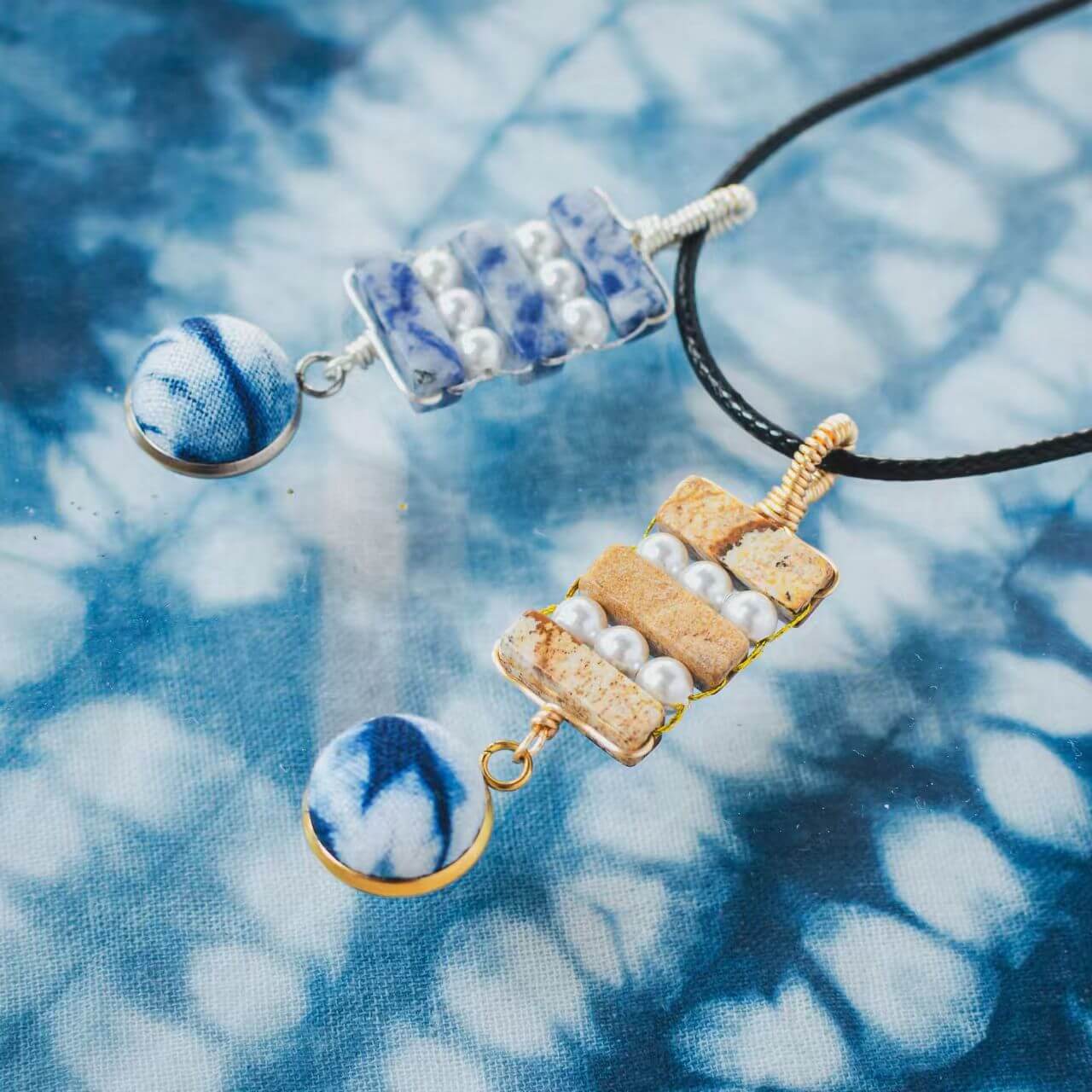 Boho Hand - Dyed Fabric & Natural Stone Pendant Necklace - Zyrona WorksZyrona Works024Boho Hand - Dyed Fabric & Natural Stone Pendant Necklace