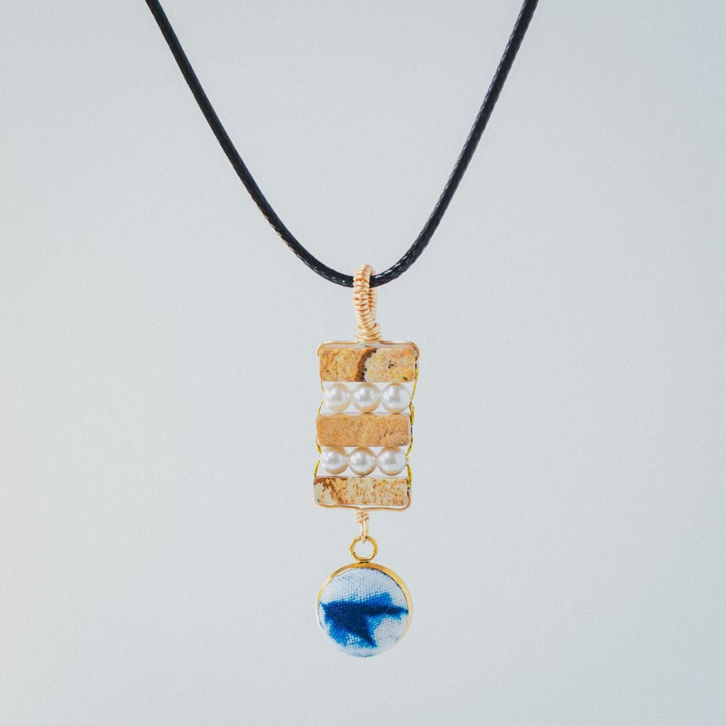 Boho Hand - Dyed Fabric & Natural Stone Pendant Necklace - Zyrona WorksZyrona Works024Boho Hand - Dyed Fabric & Natural Stone Pendant Necklace