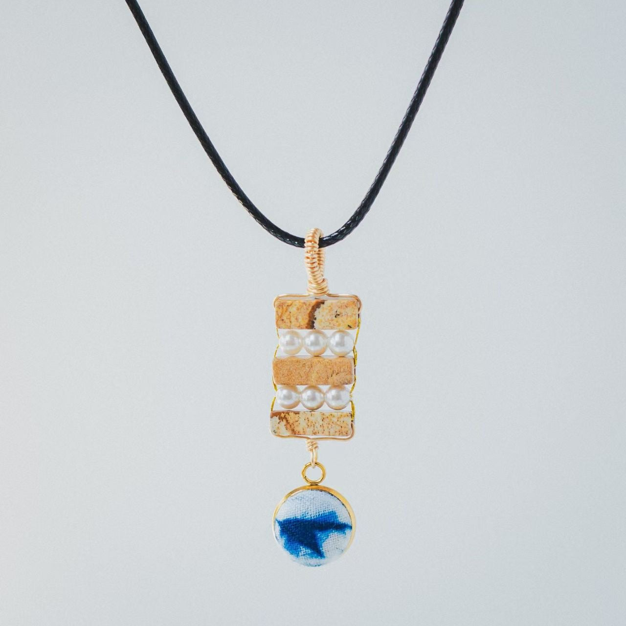 Boho Hand - Dyed Fabric & Natural Stone Pendant Necklace - Zyrona WorksZyrona Works024Boho Hand - Dyed Fabric & Natural Stone Pendant Necklace