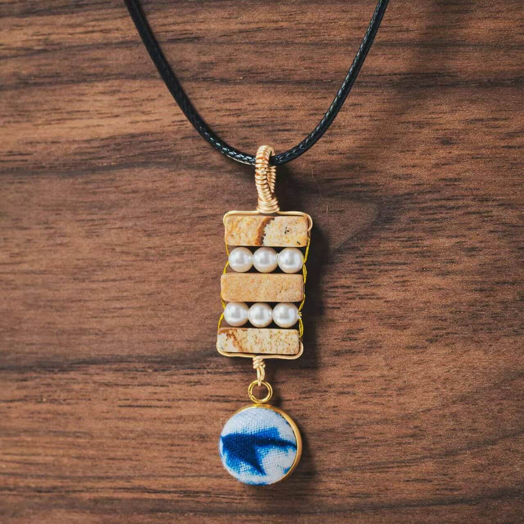 Boho Hand - Dyed Fabric & Natural Stone Pendant Necklace - Zyrona WorksZyrona Works024Boho Hand - Dyed Fabric & Natural Stone Pendant Necklace