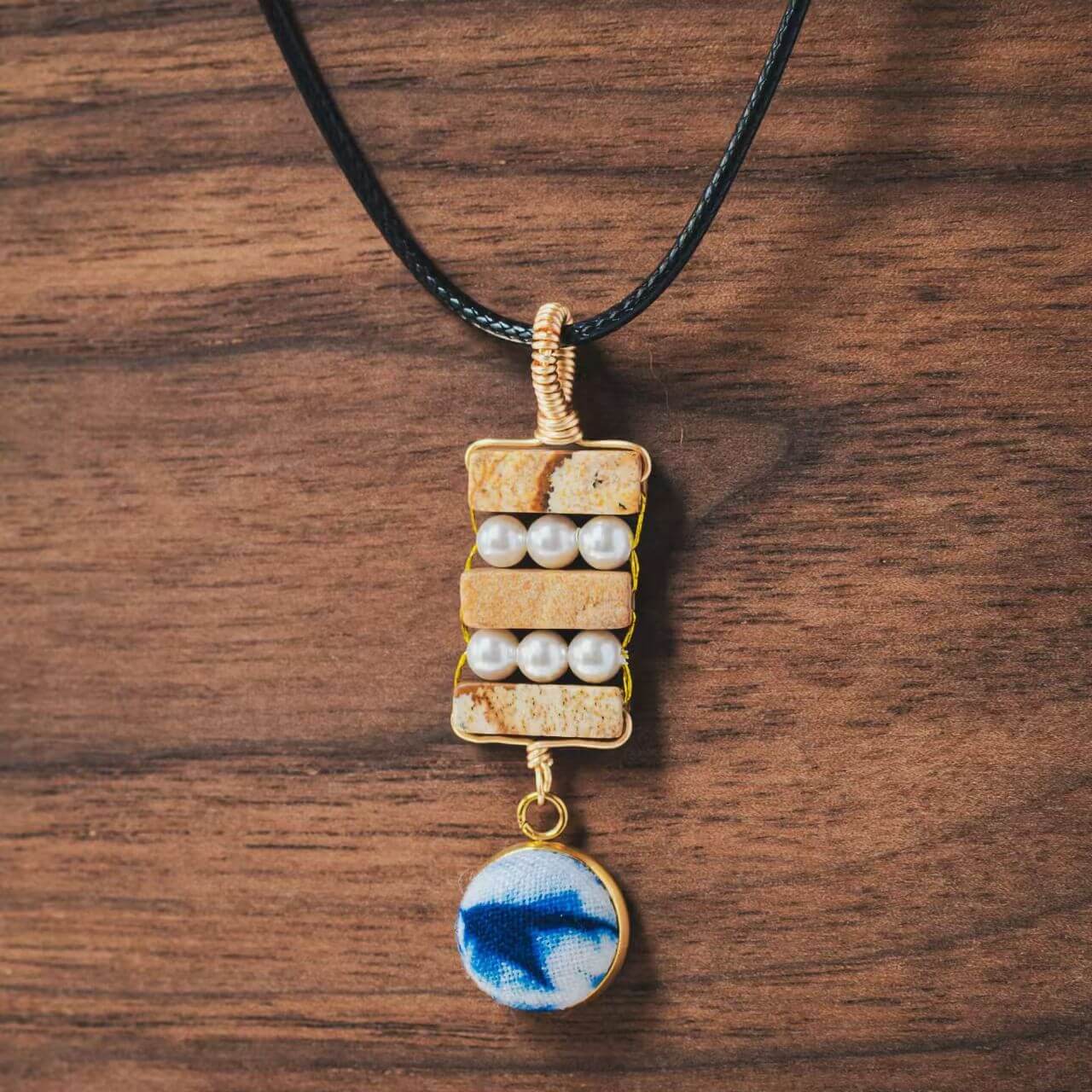 Boho Hand - Dyed Fabric & Natural Stone Pendant Necklace - Zyrona WorksZyrona Works024Boho Hand - Dyed Fabric & Natural Stone Pendant Necklace