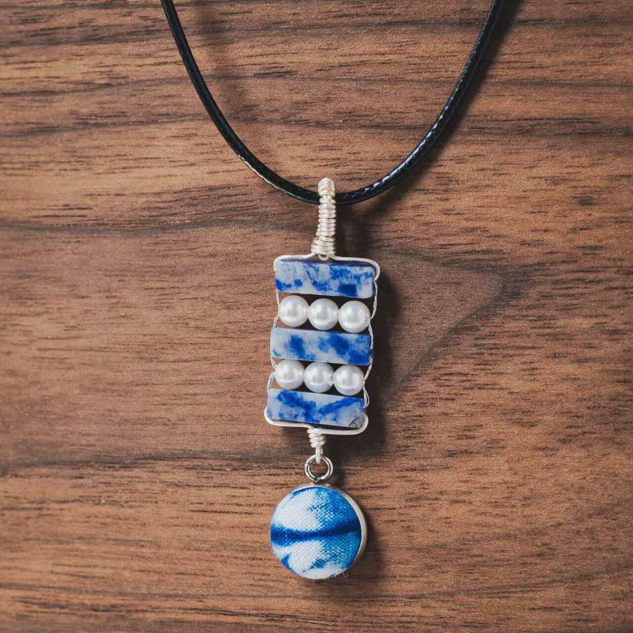 Boho Hand - Dyed Fabric & Natural Stone Pendant Necklace - Zyrona WorksZyrona Works024Boho Hand - Dyed Fabric & Natural Stone Pendant Necklace