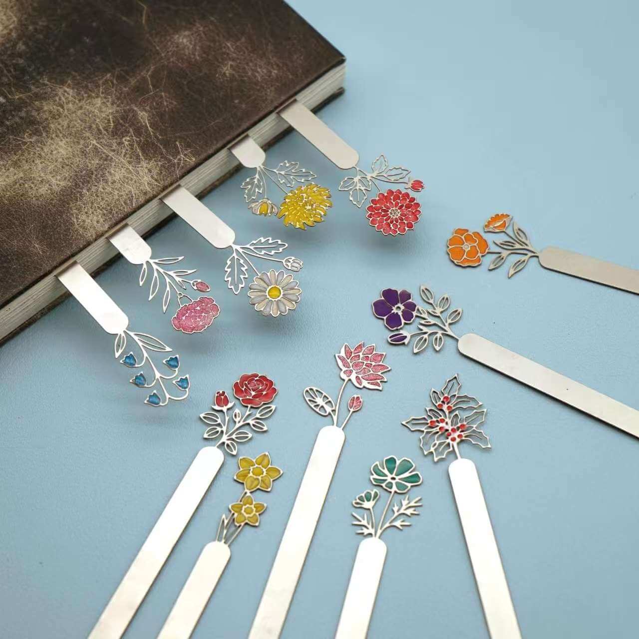 Custom Laser Cut Stainless Steel 12 Months Flower Bookmark with Oil Drip Detail - Zyrona WorksZyrona WorksCustom Laser Cut Stainless Steel 12 Months Flower Bookmark with Oil Drip Detail
