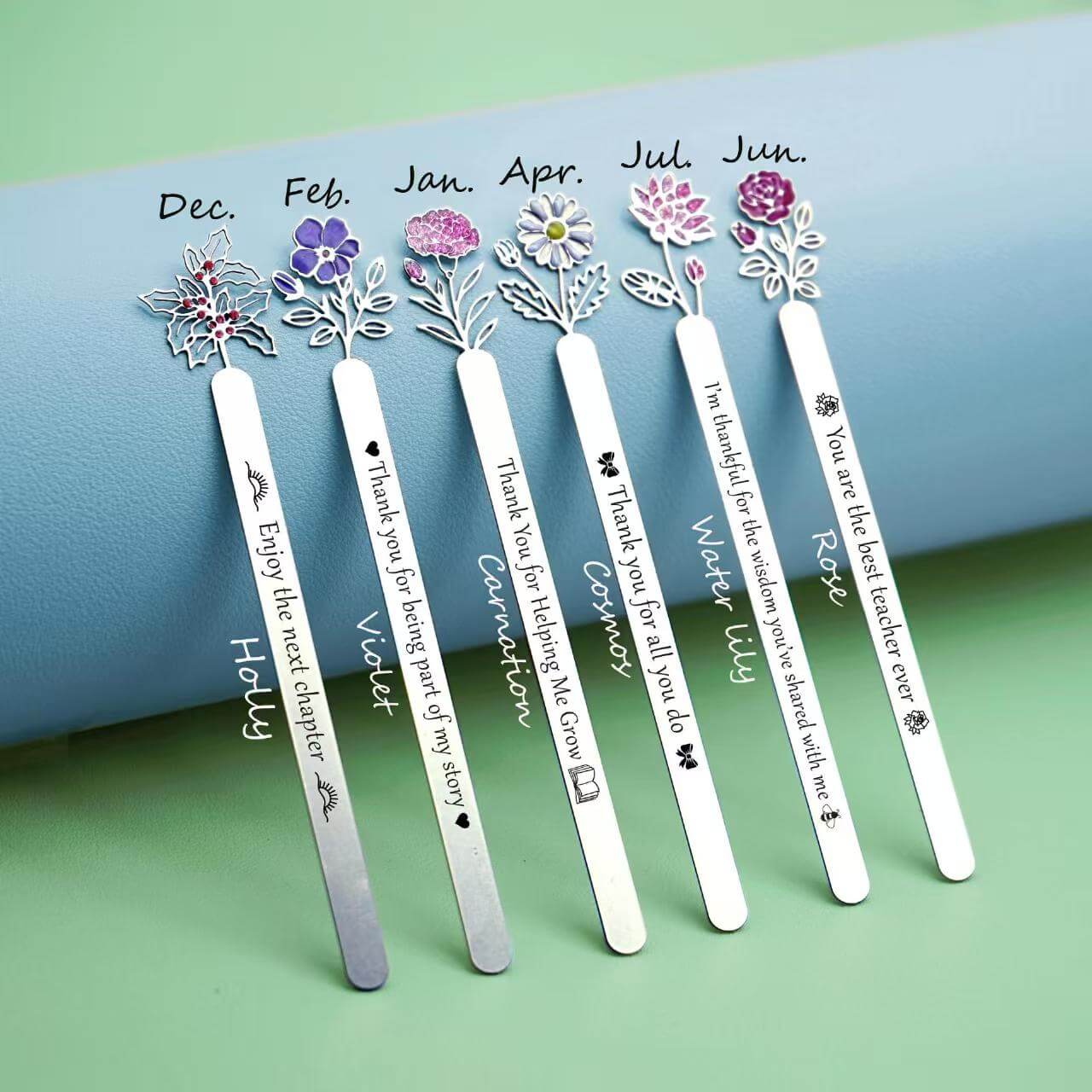 Custom Laser Cut Stainless Steel 12 Months Flower Bookmark with Oil Drip Detail - Zyrona WorksZyrona WorksCustom Laser Cut Stainless Steel 12 Months Flower Bookmark with Oil Drip Detail