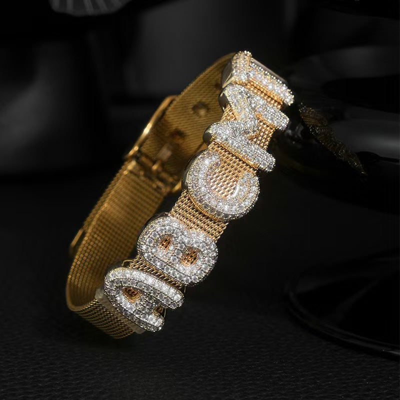 Custom Initial Bracelet with Sparkling Stones – Personalized Letter Bangle | Elegant Gift for Her